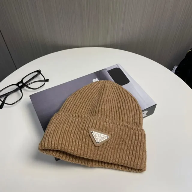 Prada Hats Ribbed knit beanie with triangle logo plaque product detail image 5