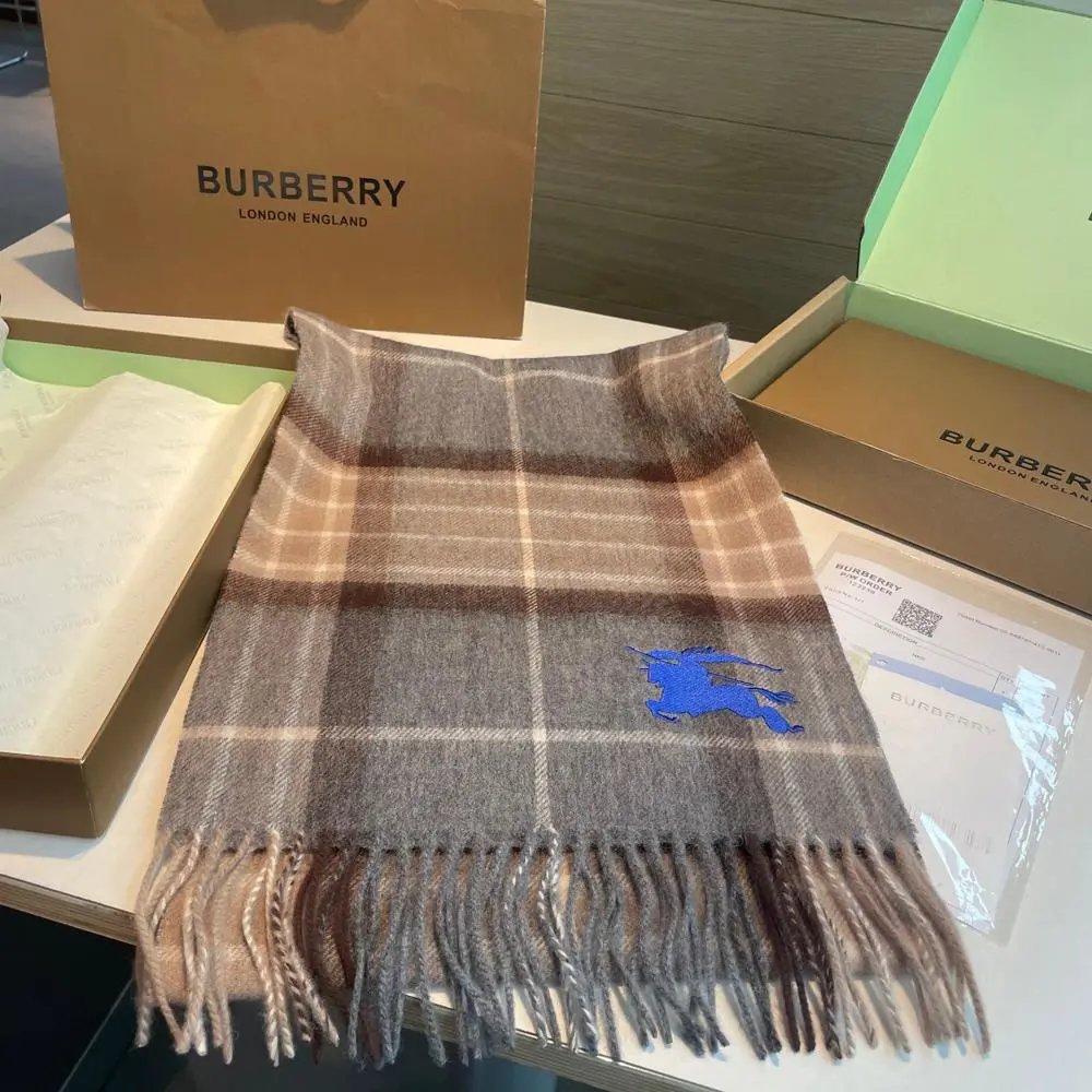 Burberry Scarves Fringed plaid scarf with embroidered Equestrian Knight Design image 7