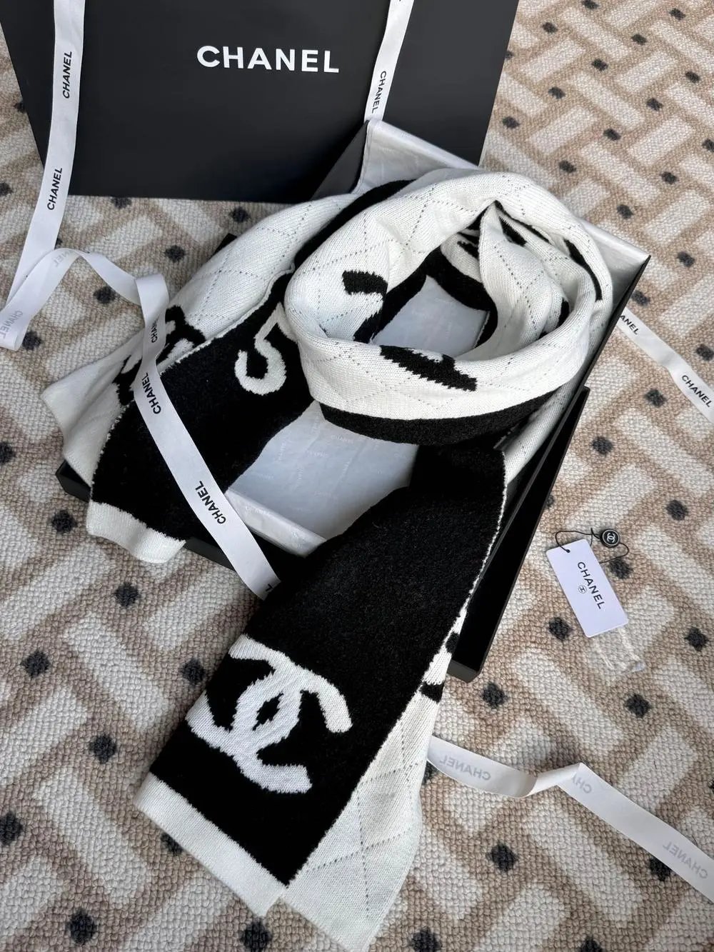Chanel Scarves Logo Knit Fringe Scarf image 5