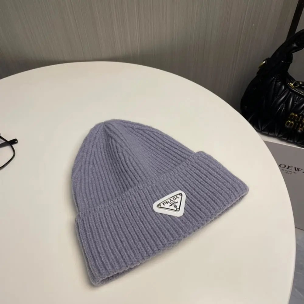 Prada Hats Ribbed knit beanie with triangle logo plaque image 7