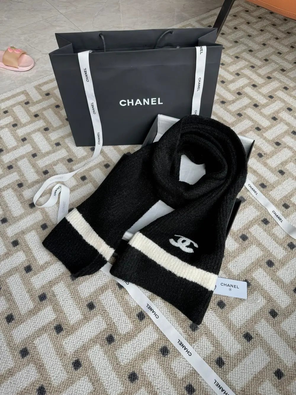 Chanel Scarves Logo Knit Fringe Scarf image 4