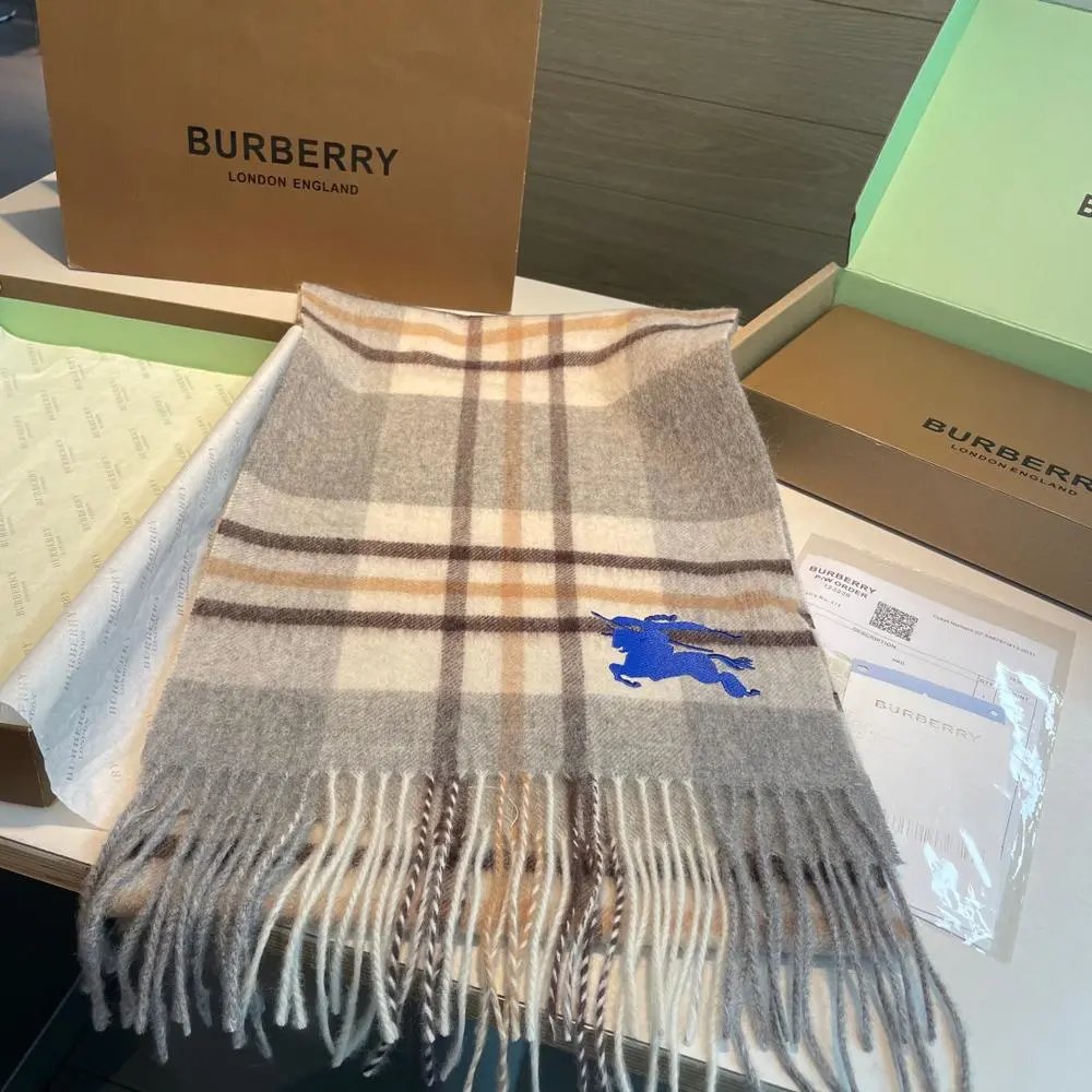 Burberry Scarves Fringed plaid scarf with embroidered Equestrian Knight Design image 8
