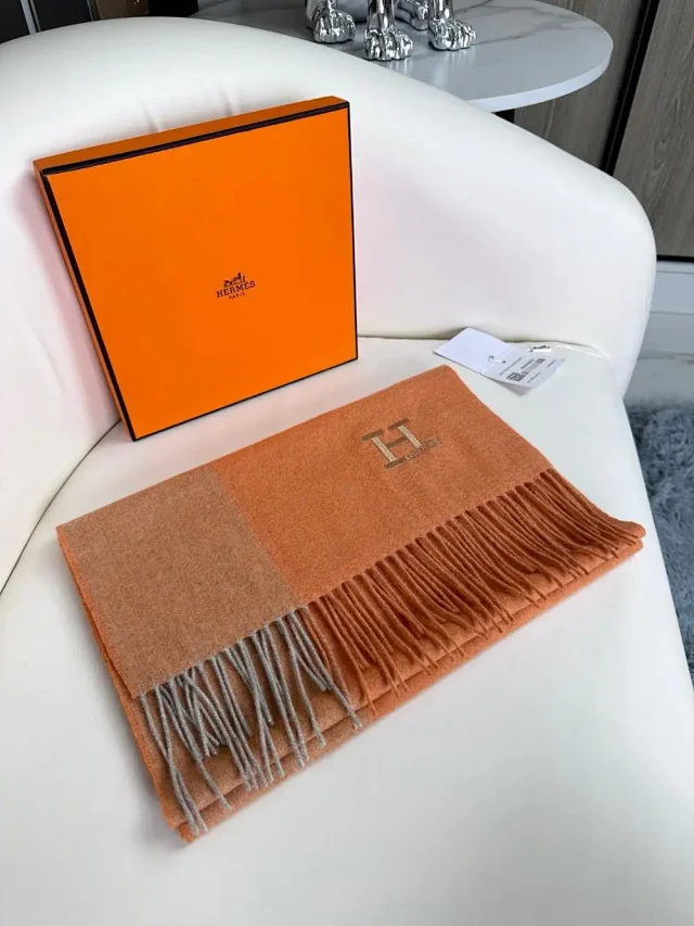 Hermès Scarves Fringed color-block H-logo scarf product detail image 5