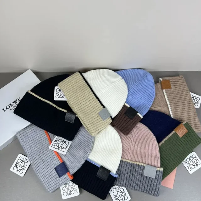 Loewe Hats Rib-knit cuffed beanie with contrast trim and Anagram patch product detail image 1