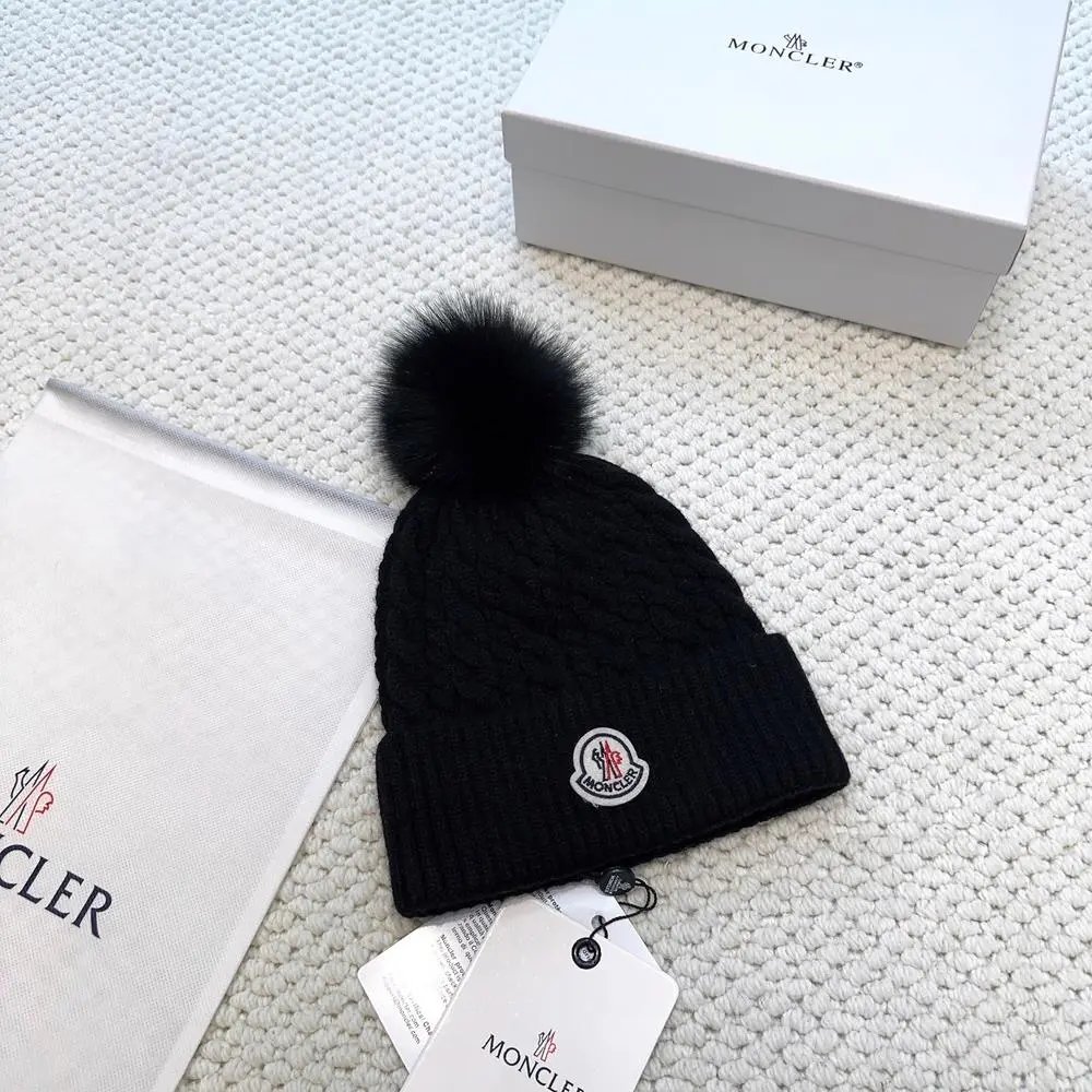 Moncler Hats Logo-patch rib-knit beanie with pom-pom and cable-knit variants — Style 11