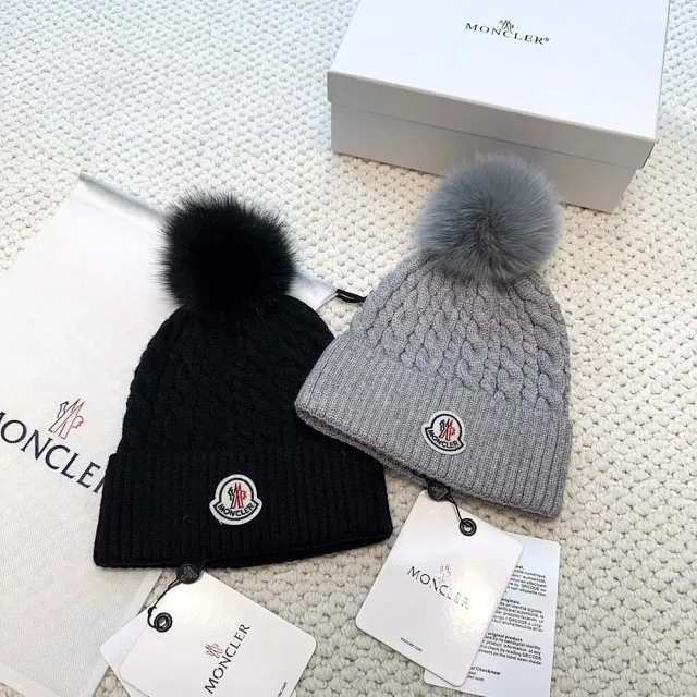 Moncler Hats Logo-patch rib-knit beanie with pom-pom and cable-knit variants product detail image 6