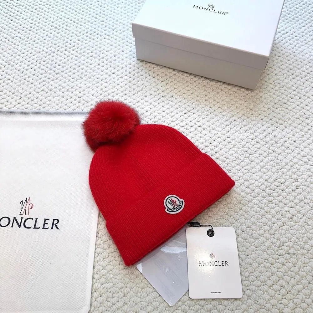 Moncler Hats Logo-patch rib-knit beanie with pom-pom and cable-knit variants — Style 9