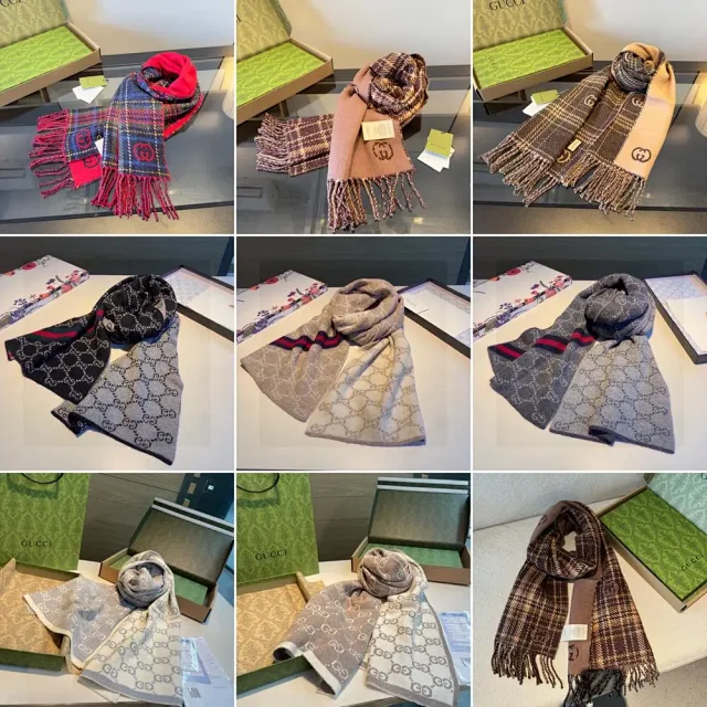 Gucci Scarves Fringed GG monogram and plaid scarf product detail image 1