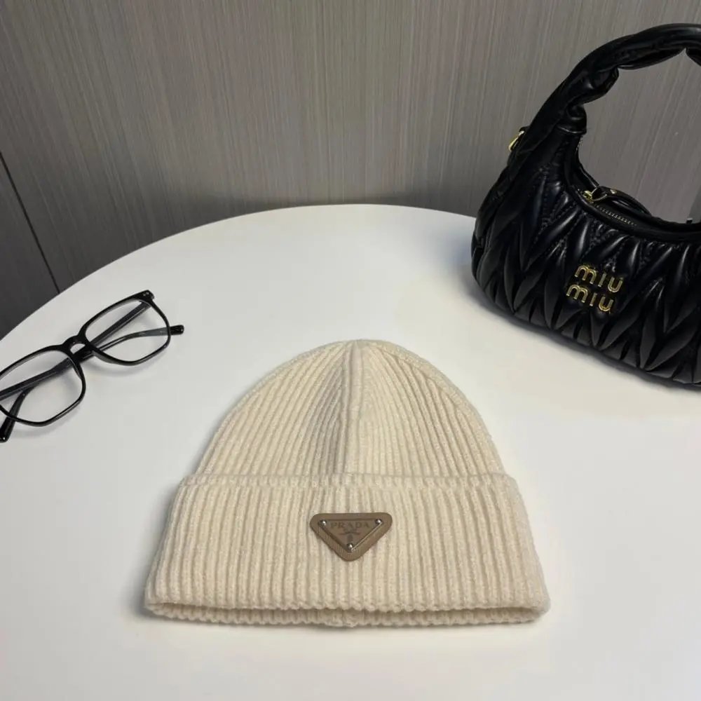 Prada Hats Ribbed knit beanie with triangle logo plaque image 4