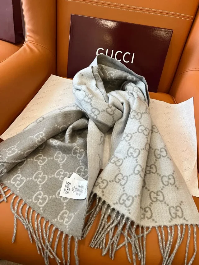 Gucci Scarves Fringed GG monogram scarf with web stripe product detail image 2