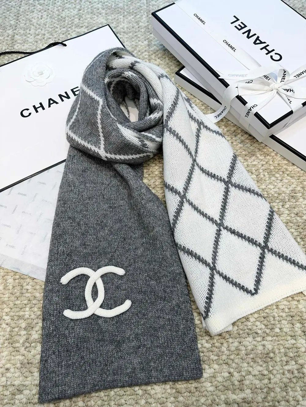 Chanel Scarves Knitted CC Logo and Diamond-Pattern Scarf image 5