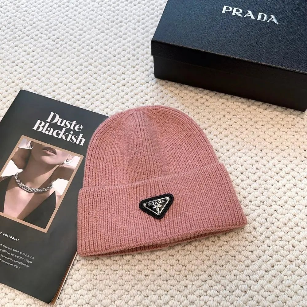 Prada Hats Ribbed knit beanie with triangular logo plaque — Style 2