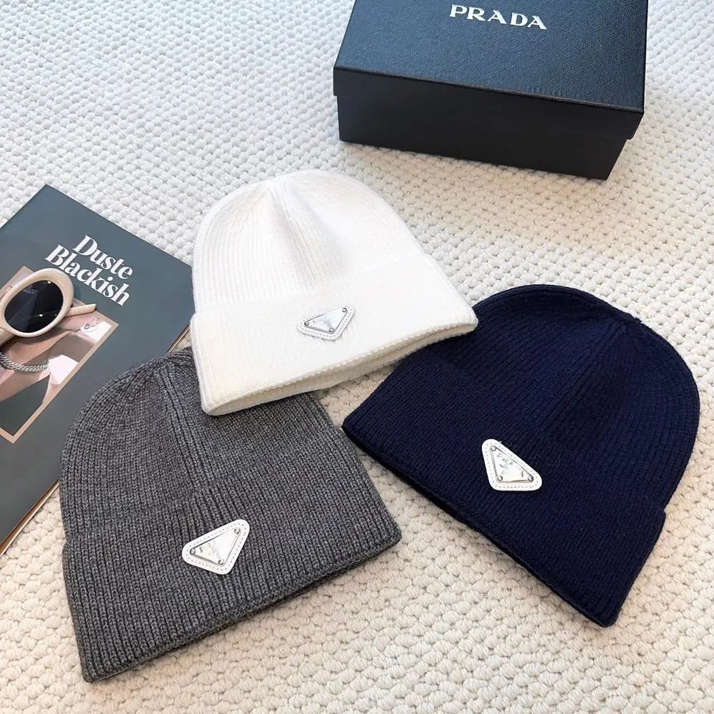 Prada Hats Ribbed knit beanie with triangular logo plaque image 3