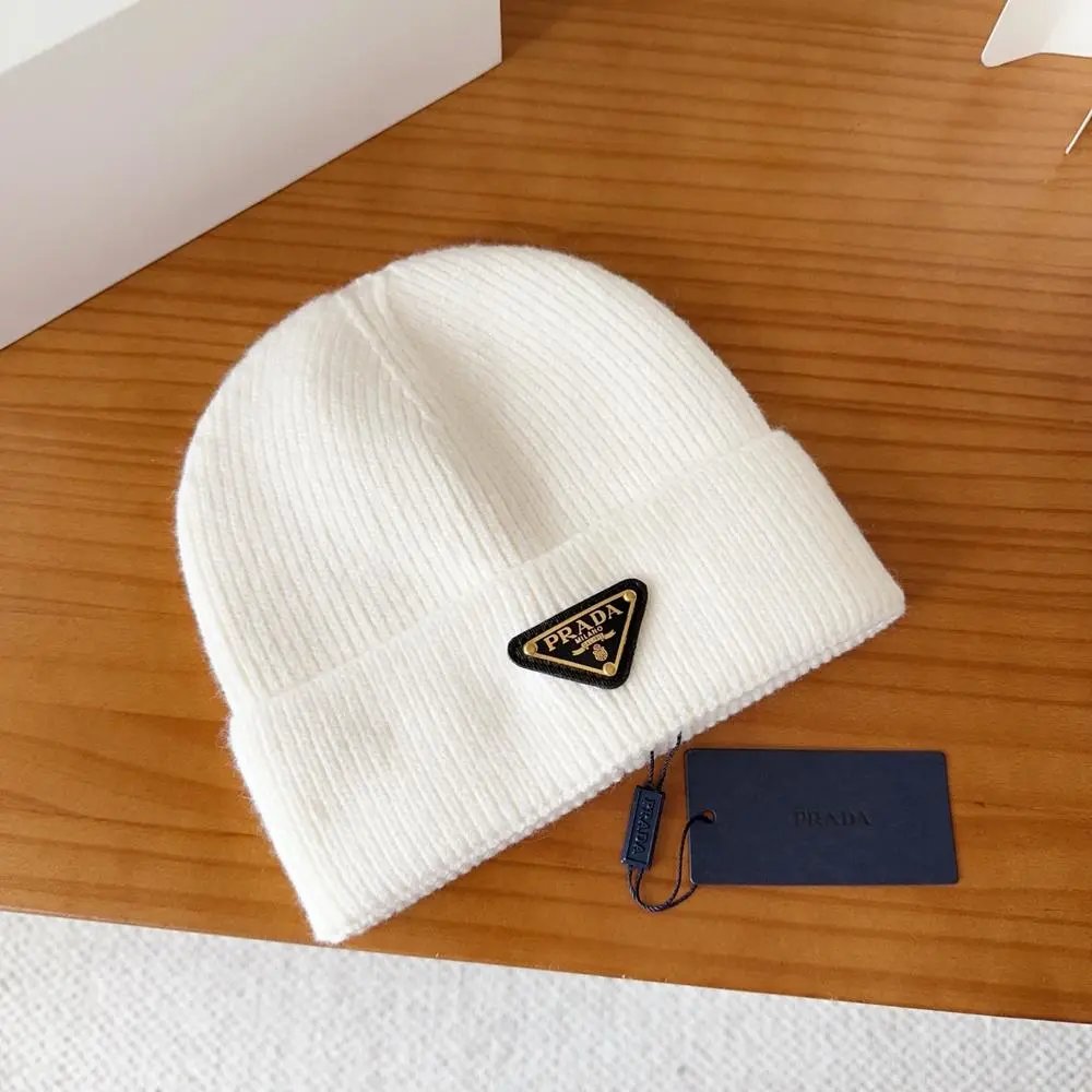 Prada Hats Ribbed knit beanie with triangle logo plaque image 5