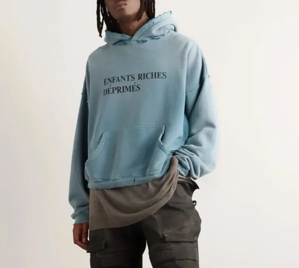 Enfants Riches Déprimés Hoodie in Washed Blue with Printed Face Mask - 35