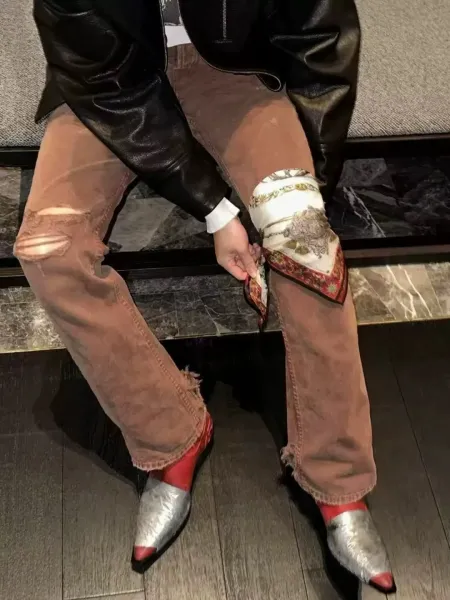 Saint Laurent Ripped Distressed Brown Jeans - 16