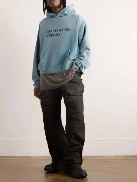 Enfants Riches Déprimés Hoodie in Washed Blue with Printed Face Mask - 34