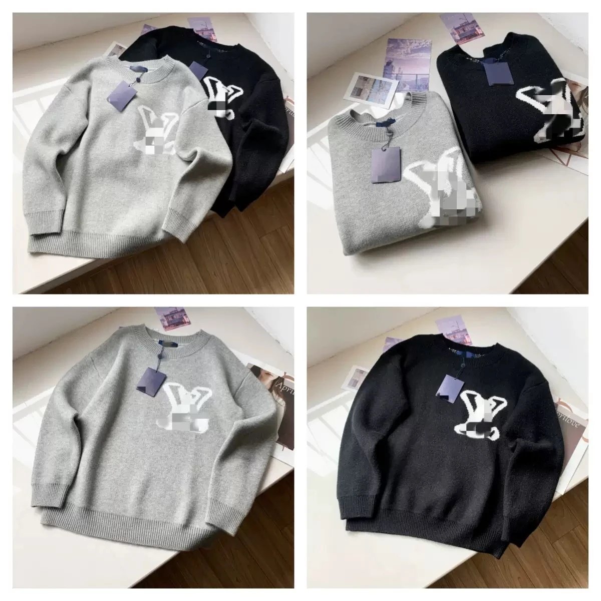 Knit Crewneck Sweater Gray Black Graphic Casual