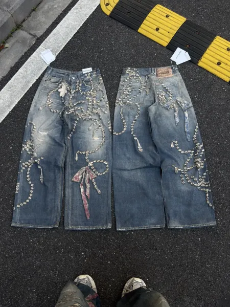 Acne Studios x Korakuen Studio Crystal-Embroidered Distressed Wide-Leg Jeans - 1