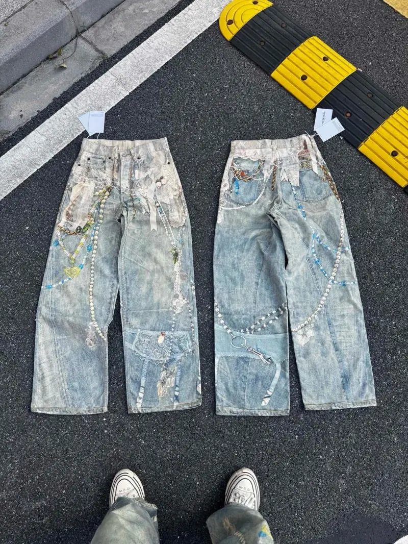 Customized Embellished Distressed Wide-Leg Jeans in Light Wash - 1