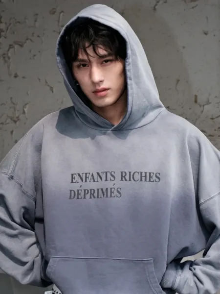 Enfants Riches Déprimés Hoodie in Washed Blue with Printed Face Mask - 20