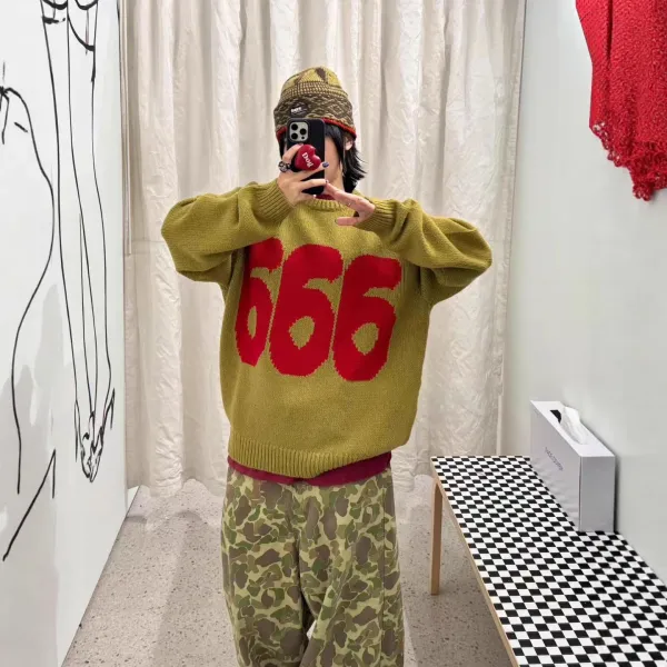 A Bathing Ape 666 Graphic Knit Sweater Olive Green - 1
