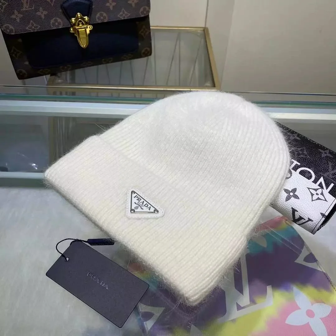 Prada White Mohair Blend Ribbed Beanie