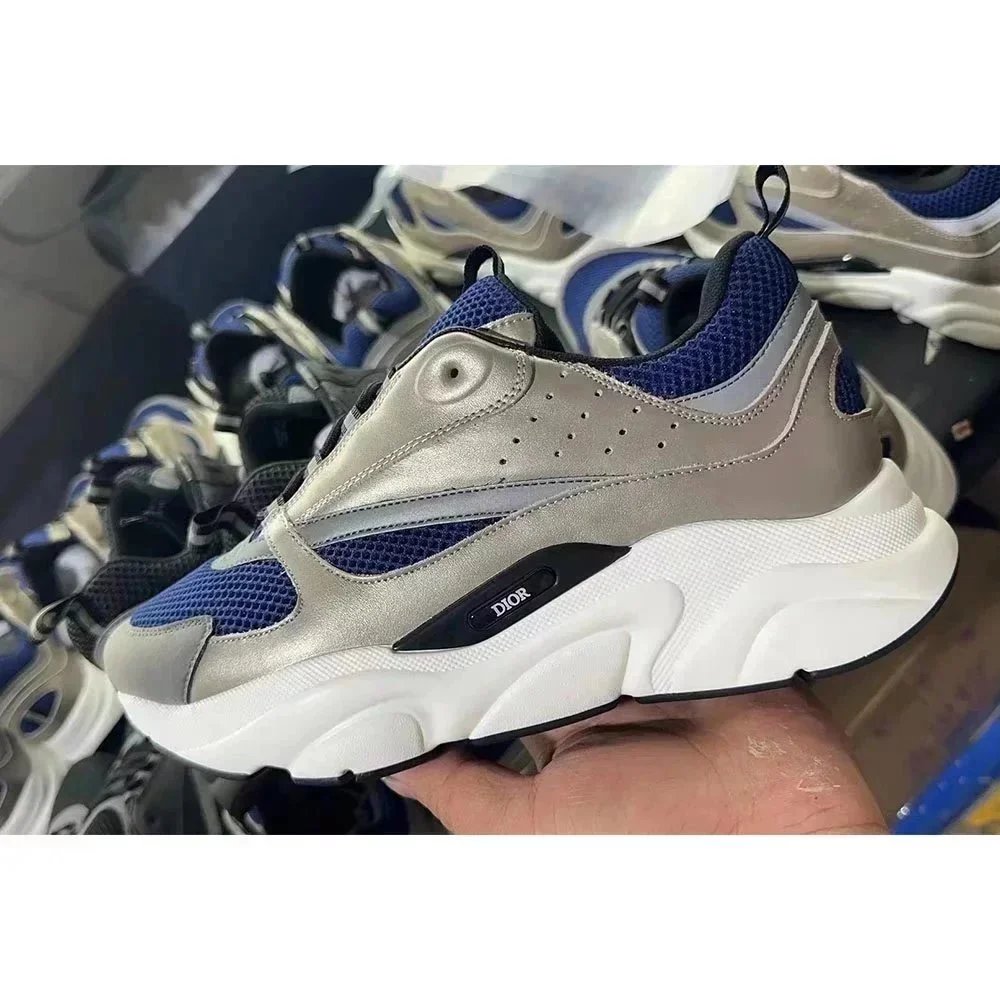 Dior B23 Silver and Navy Chunky Sneakers - 1