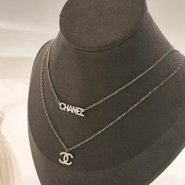 Chanel CC Logo and Nameplate Layered Necklace Silver - 1