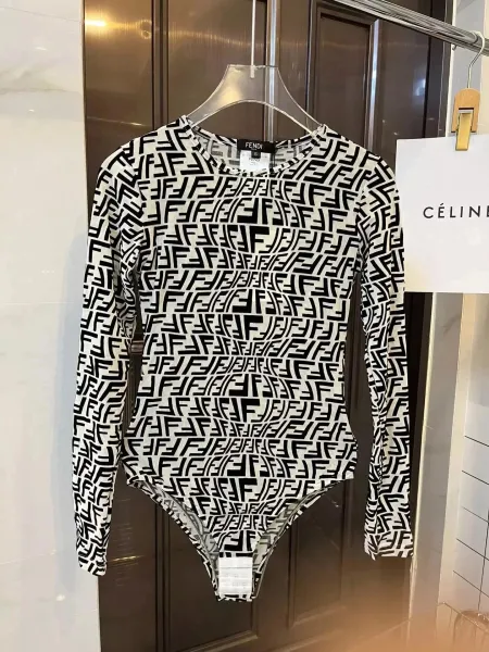 Fendi FF Logo Print Long-Sleeve Bodysuit White/Black - 1