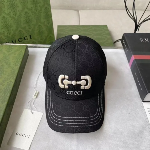 Gucci Horsebit Logo Black GG Monogram Baseball Cap - 1