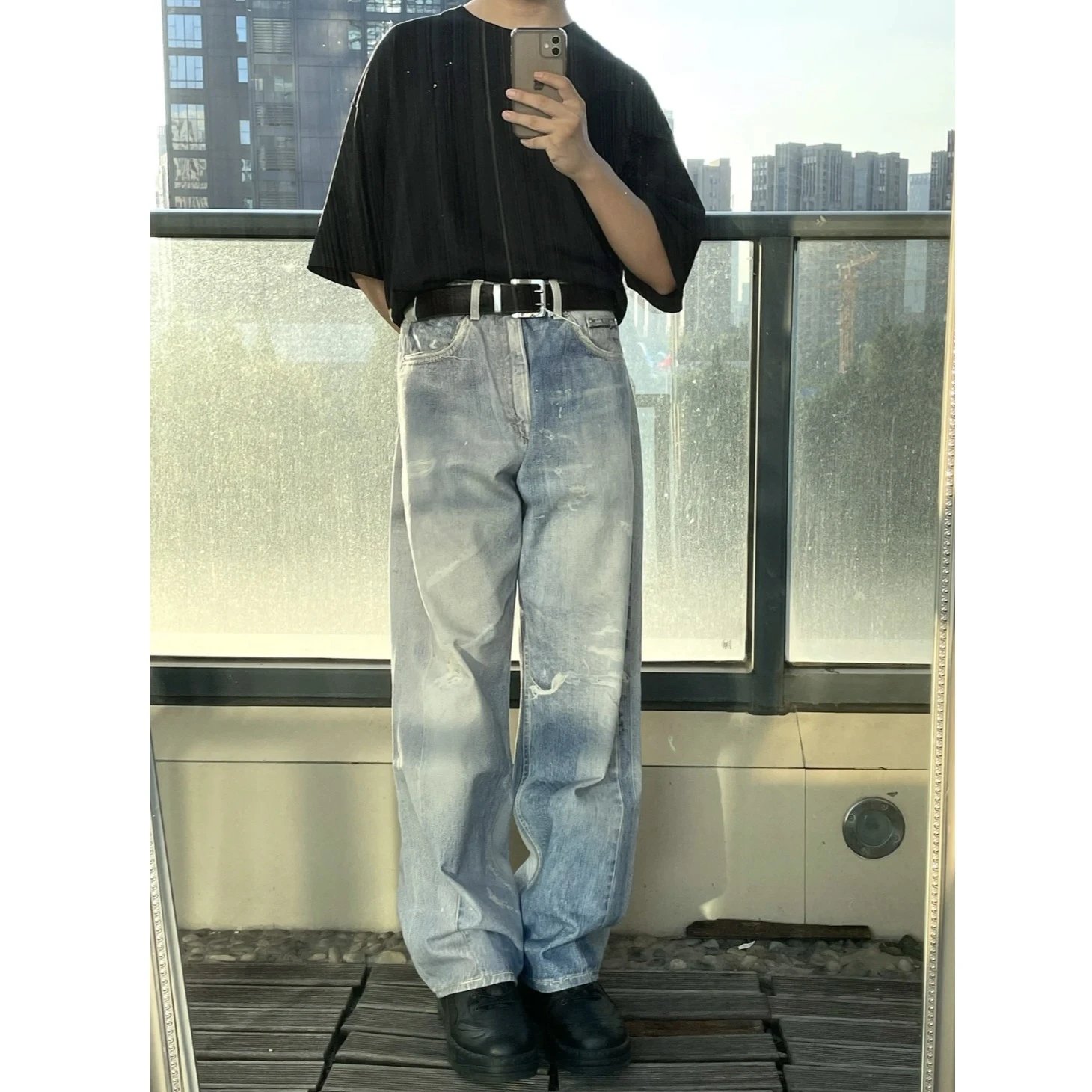 Our blue digital printed jeans, washed and worn, loose straight leg pants, men's white, Jingting same style