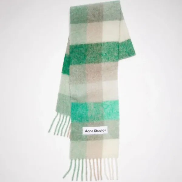 Acne Studios Checkered Cashmere Scarf Green Beige White - 1
