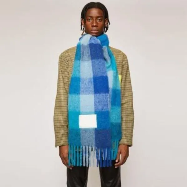 Off-White Checkered Wool Scarf Blue Multicolor Scarf - 1