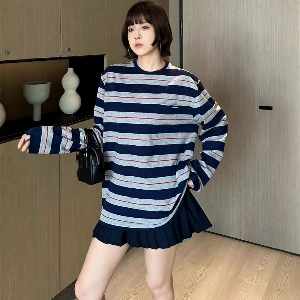 New Unisex Cotton Striped Crew Neck Long-Sleeve Tee in High Stock