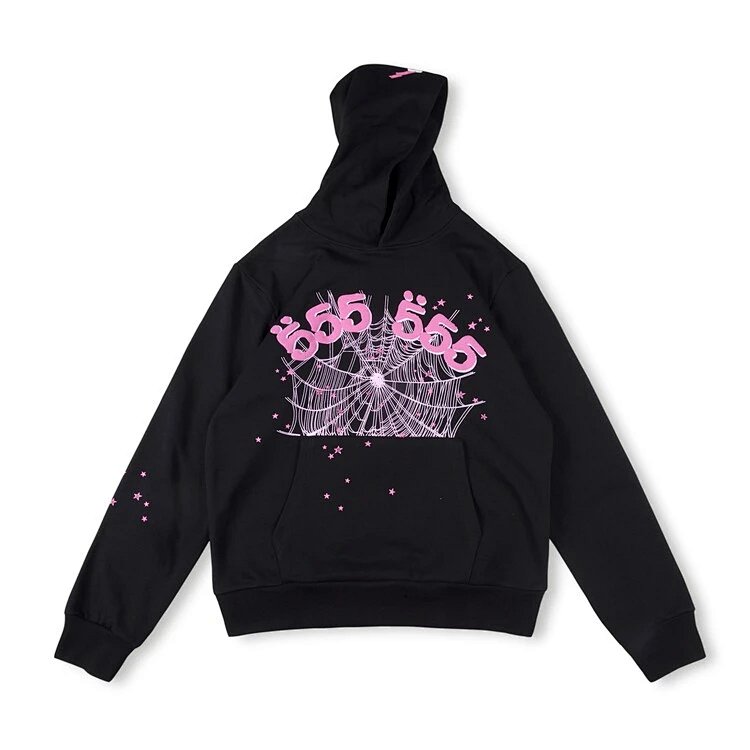 Sp5der 555555 Hoodie 经典蜘蛛网印花男女休闲连帽卫衣 黑色 S-XL  SP04