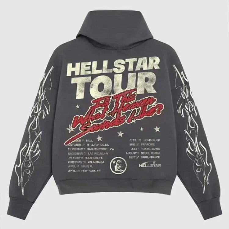 Hellstar Studios Tour Hoodie 火焰涂鸦连帽衫 男卫衣女宽松休闲 洗水灰 码数S-M-L-XL  HT348