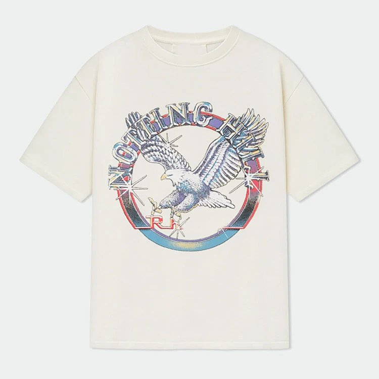 ON SALE￥58  RHUD Notting Hill Eagle Logo-Print Cotton-Jersey 英文印花圆领短袖T恤  颜色：黑色 杏色 尺码：S M L XL RU359