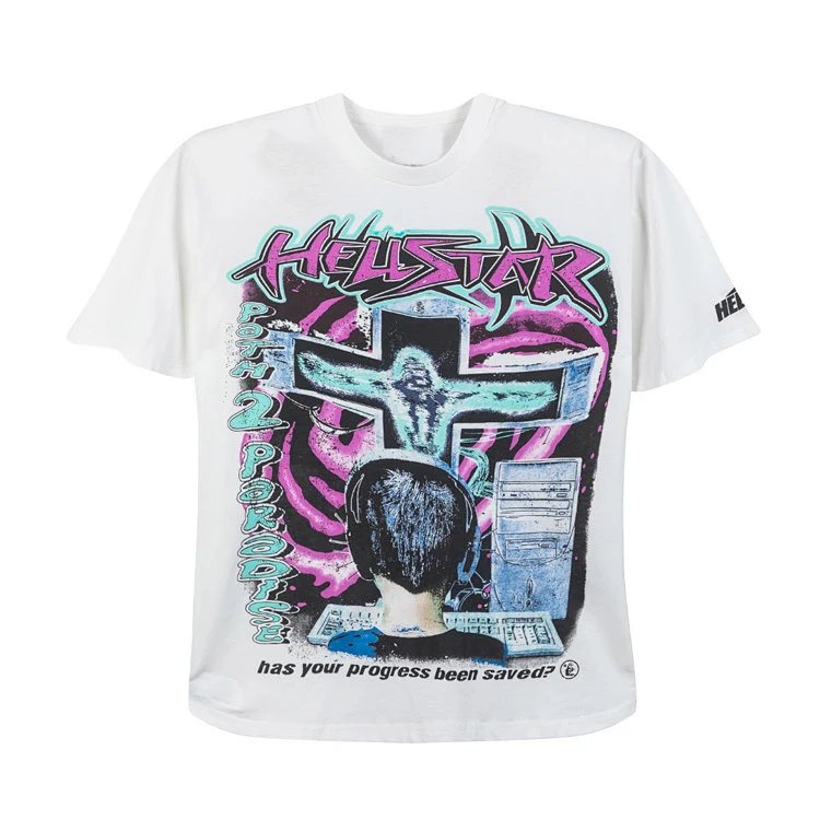 Hellstar path 2 Online T-Shirt 机能男孩电波男女纯棉短袖T恤  米白   码数S-M-L_XL  HT521