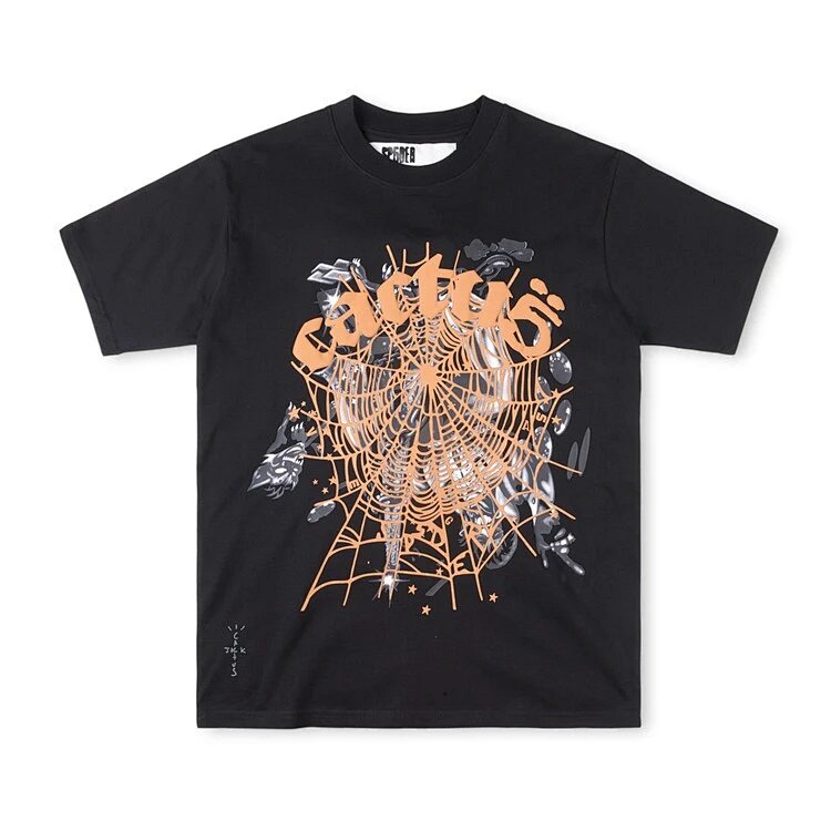 Sp5der worldwide 555555 TEE蜘蛛网字母立体印花休闲短袖 黑色 S-XL  SP02