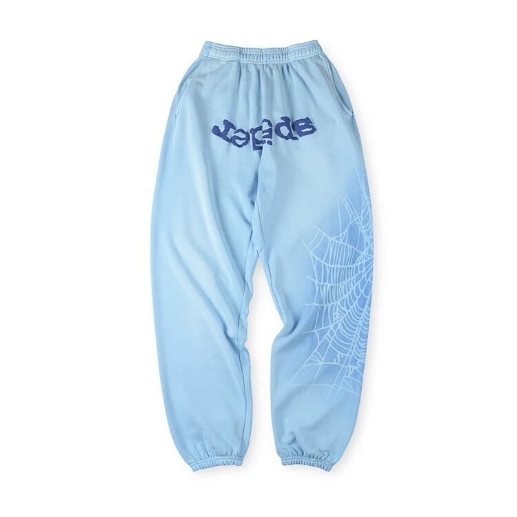 Sp5der 555555 Hoodies 经典蜘蛛网印花男女休闲套装连帽长裤    蓝色  S-XL  SP23
