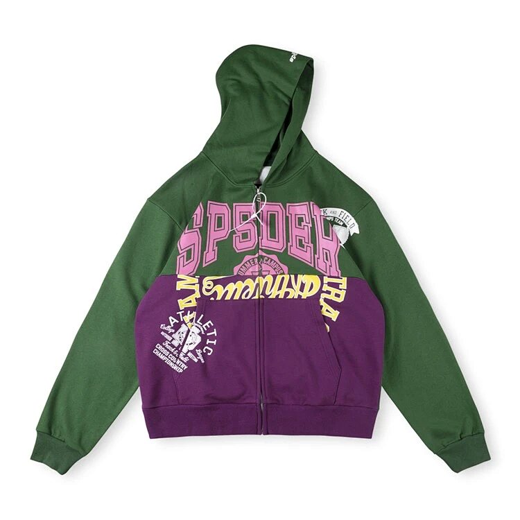 Sp5der 555555 Hoodie 拉链开衫男女款拼接连帽卫衣 拼色 S-XL  SP24