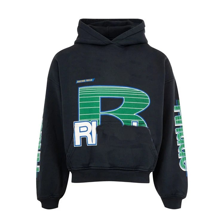 ON SALE￥138 RHUD ROADWAY RACING HOODIE 赛车赛道主题英文印花美式复古做旧连帽卫衣  颜色：黑色 尺码：S M L XL  RU352