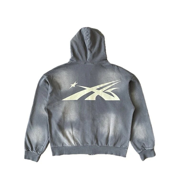 Hellstar  Studios Sports Zip Up Hoodie大logo洗水纯棉拉链卫衣  洗水灰  码数S-M-L-XL  HT829