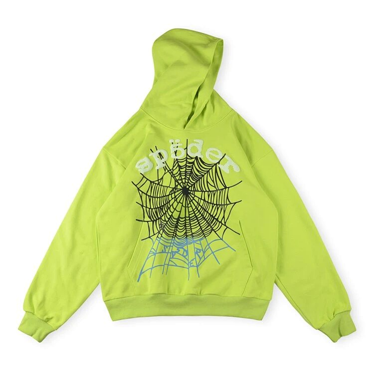 Sp5der 555555 Hoodie 经典蜘蛛网双色印花男女休闲连帽卫衣   绿色  白色  S-XL  SP18