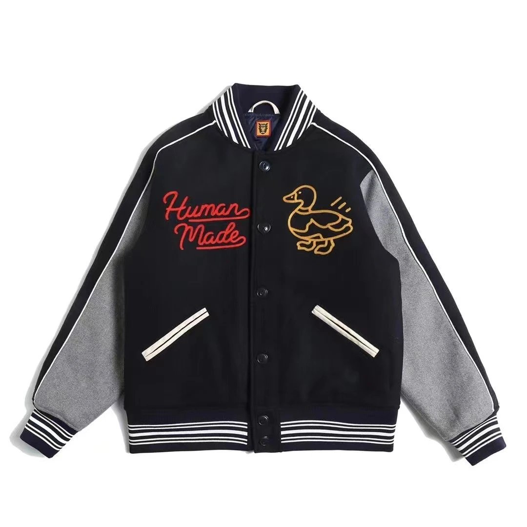 Human Made Varsity Jacket Black White Embroidered Logo Style