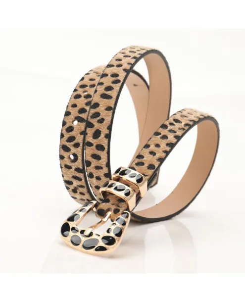 Leopard Print Haircalf Belt with Gold-Tone Buckle Accessories - 15