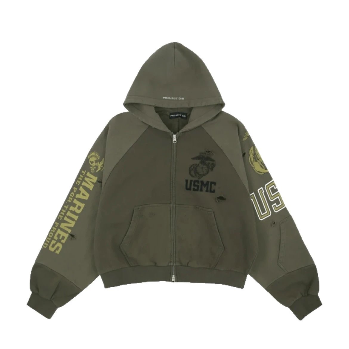Letter Print Distressed Zip Hoodie