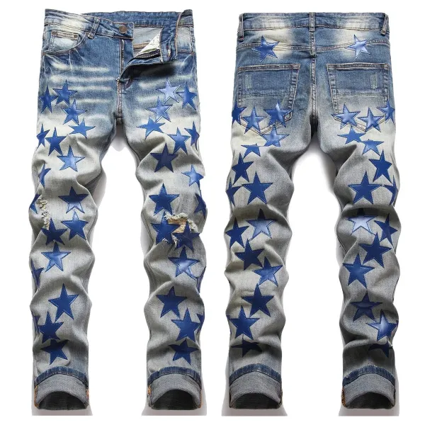 Star-Print Distressed Slim Fit Jeans - 1