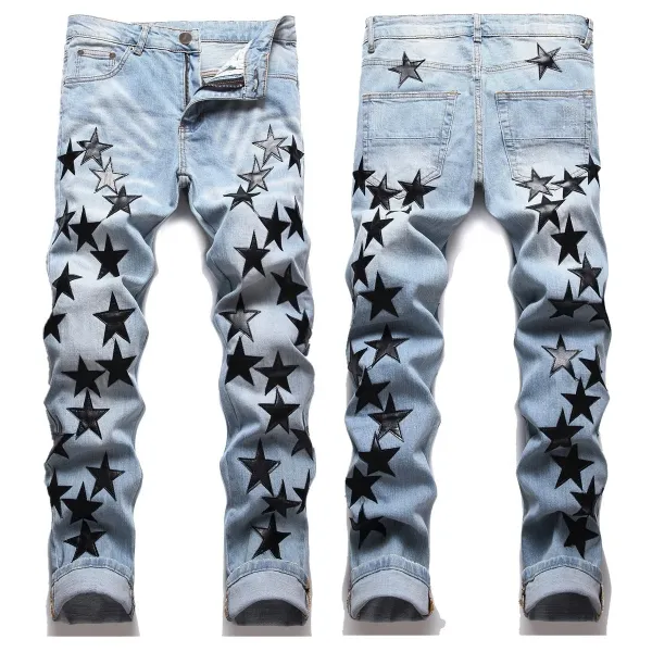 Star-Embellished Distressed Light Wash Jeans - 1